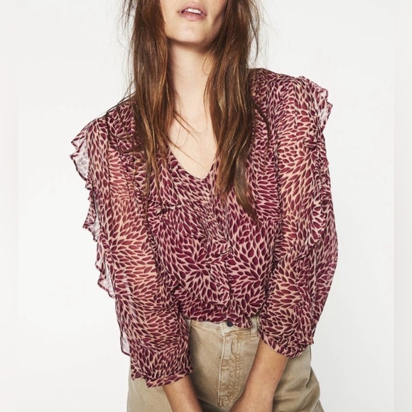 ba&sh Tops - ba&sh Genn Ruffled Printed Crepon Blouse - Antique Rose
